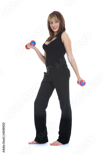 beautiful girl with dumbbells on isolated background