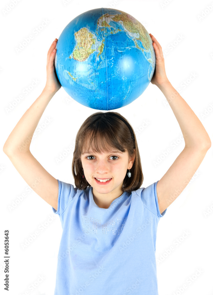 Young girl holding a globe against a white background Young girl holding a globe against a white background