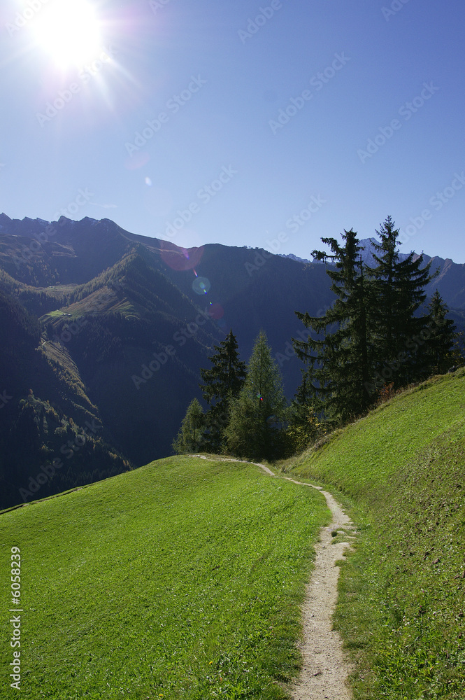 A path in the Alps with the sun in your face