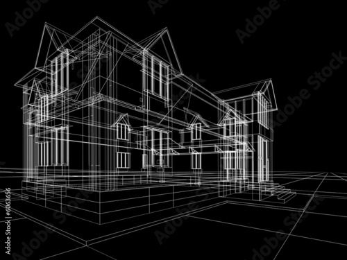 3D rendering wire-frame of house. Black background.