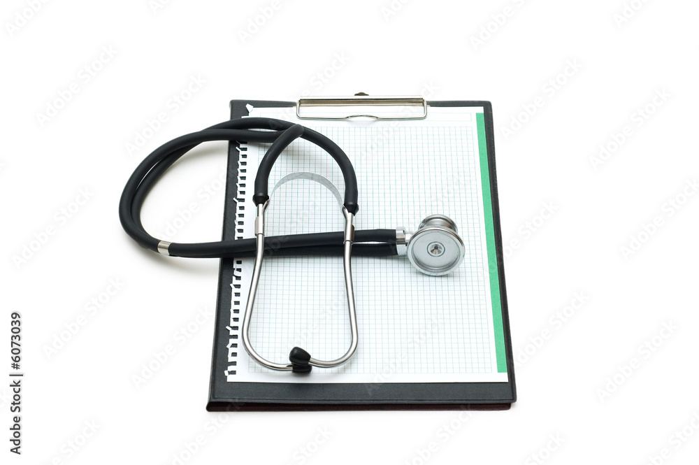 Stethoscope on the binder isolated on white Stethoscope on the binder isolated on white