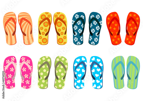Beach sandals. Colorful flip-flops over white background photo