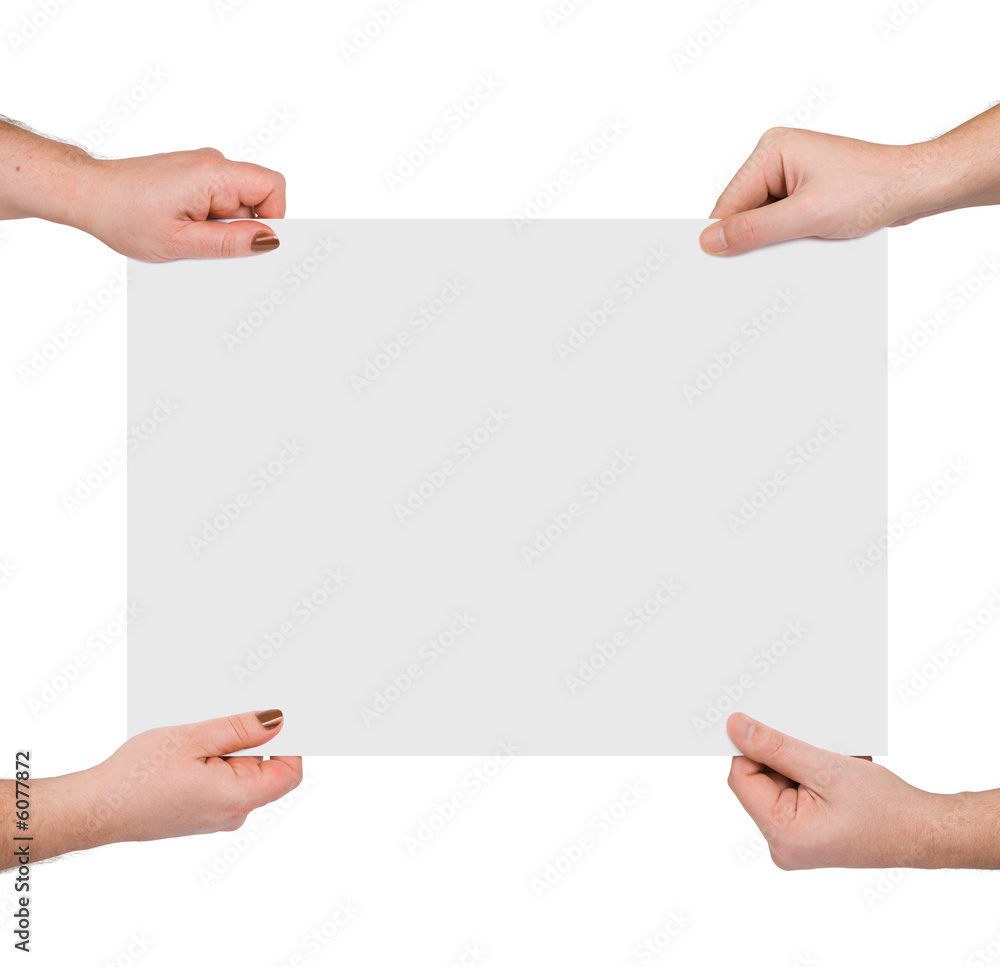 Hands and paper banner, isolated on white background Hands and paper banner, isolated on white background