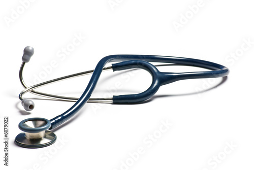 Blue Stethoscope curled on white background with shadow