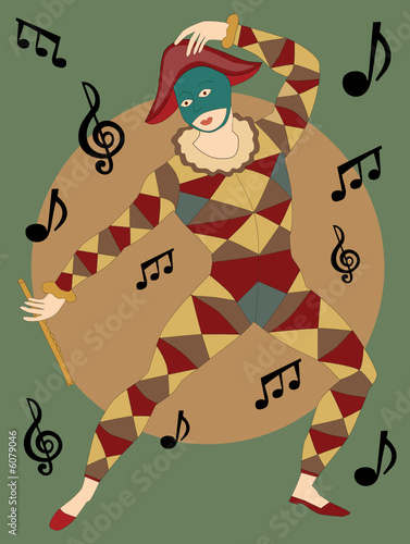 Musical masked man with flute dancing notes poster style