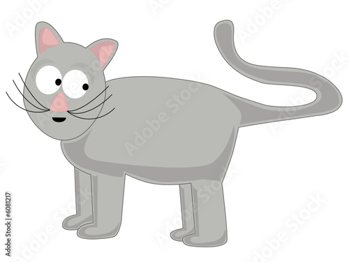 Cartoon silly gray cat with tail in motion 