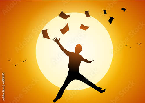 Business man launching sheets at sunset