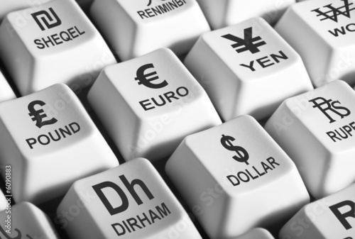 B/W image of computer keys showing world's major curencies
