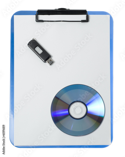 Clipboard with CD and usb flash drive isolated on a white