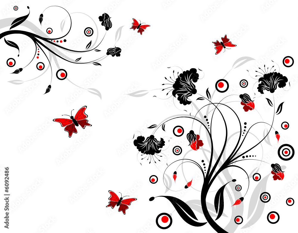 Fototapeta premium Flower background with butterfly and circle, vector illustration