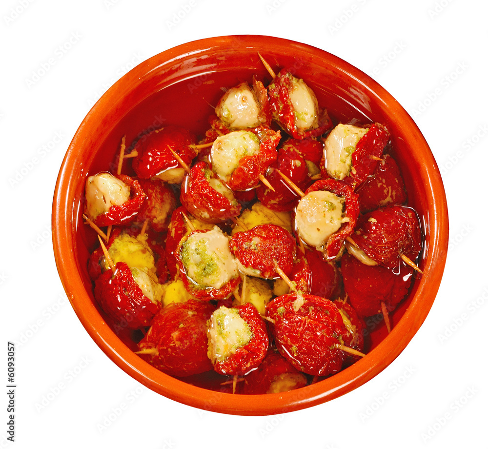Spanish tapas of goat's cheese and peppadew paprika Spanish tapas of goat's cheese and peppadew paprika