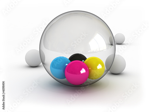 CMYK balls in glass sphere