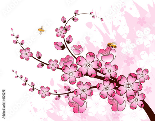 Grunge paint flower background with bee, design, vector