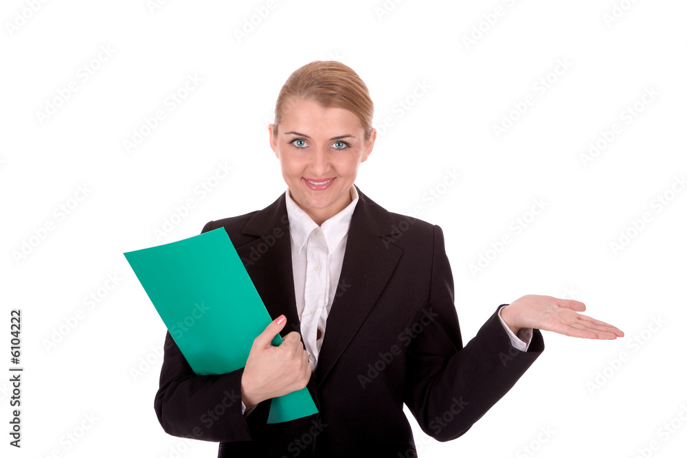 Friendly businesswoman hold a document and show blank palm. Friendly businesswoman hold a document and show blank palm.