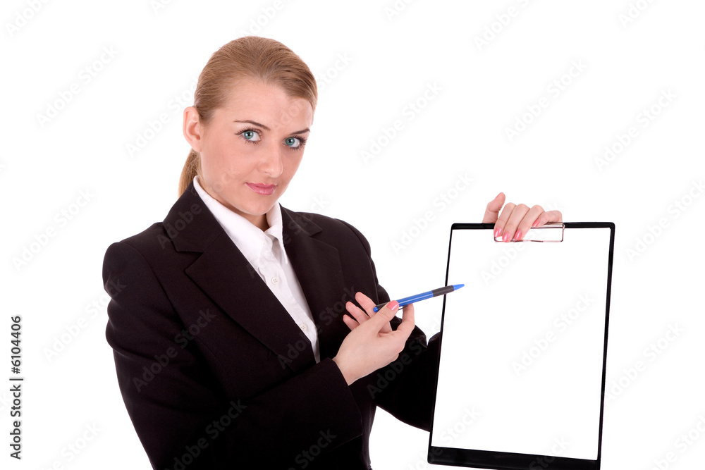 Businesswoman show blank clipboard for your text. Businesswoman show blank clipboard for your text.