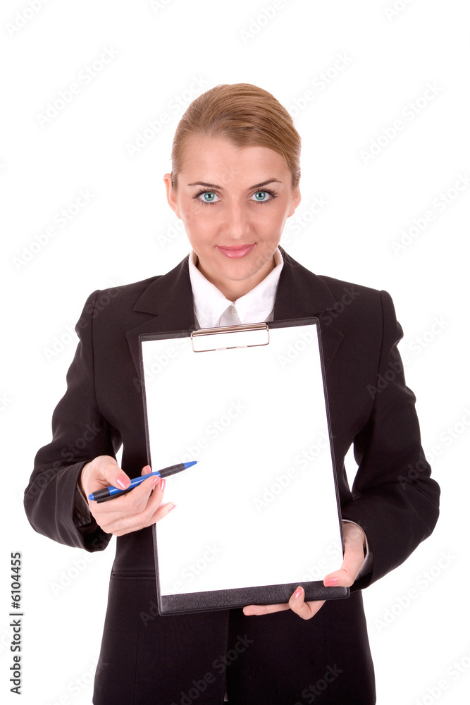 Businesswoman show blank clipboard for your text. Businesswoman show blank clipboard for your text.