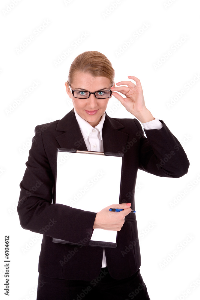 Friendly businesswoman hold a document over white. Friendly businesswoman hold a document over white.