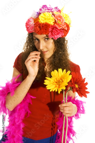 attractive girl with flower hat and pink feathers