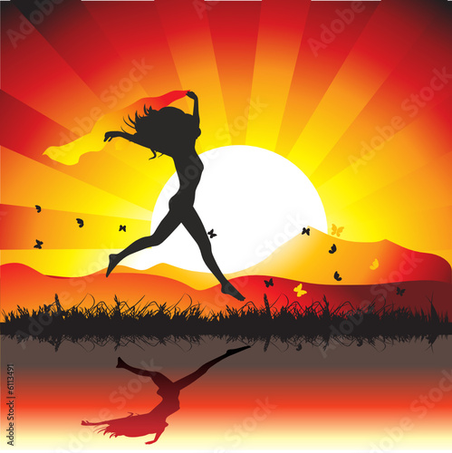 Girl runs on meadow with butterflies, sunset
