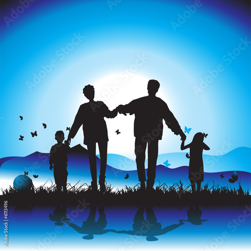 Happy family walks on nature, sunset