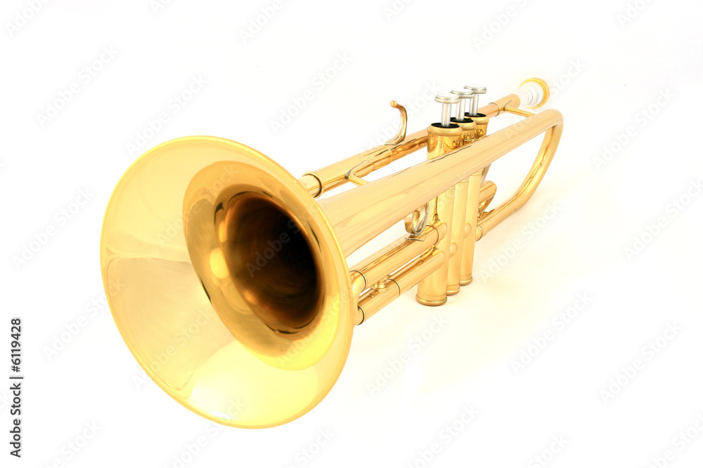 Naklejka premium gold lacquer trumpet with mouthpiece isolated on white