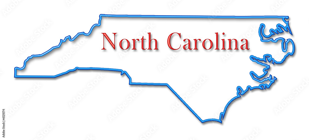 North Carolina Map Outlined in Neon Blue with Red Lettering