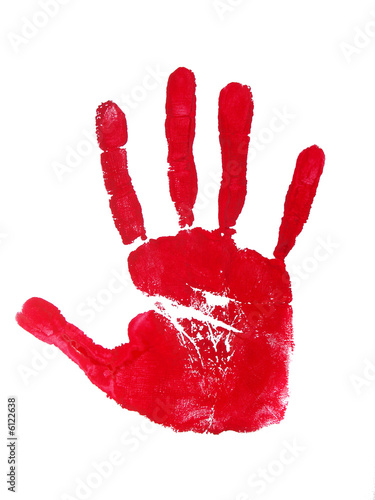 Image of a print of a red hand on a white background.