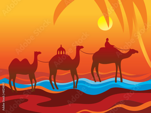 Caravan of camels approaching to oasis photo