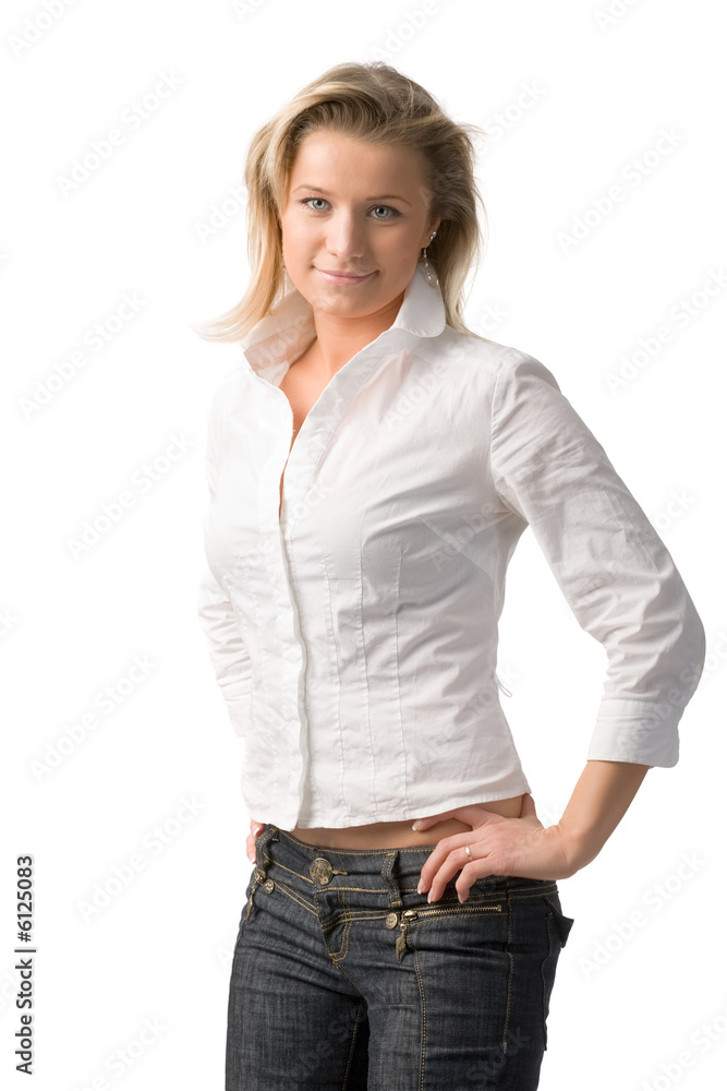 young beautiful woman in white shirt on white background young beautiful woman in white shirt on white background