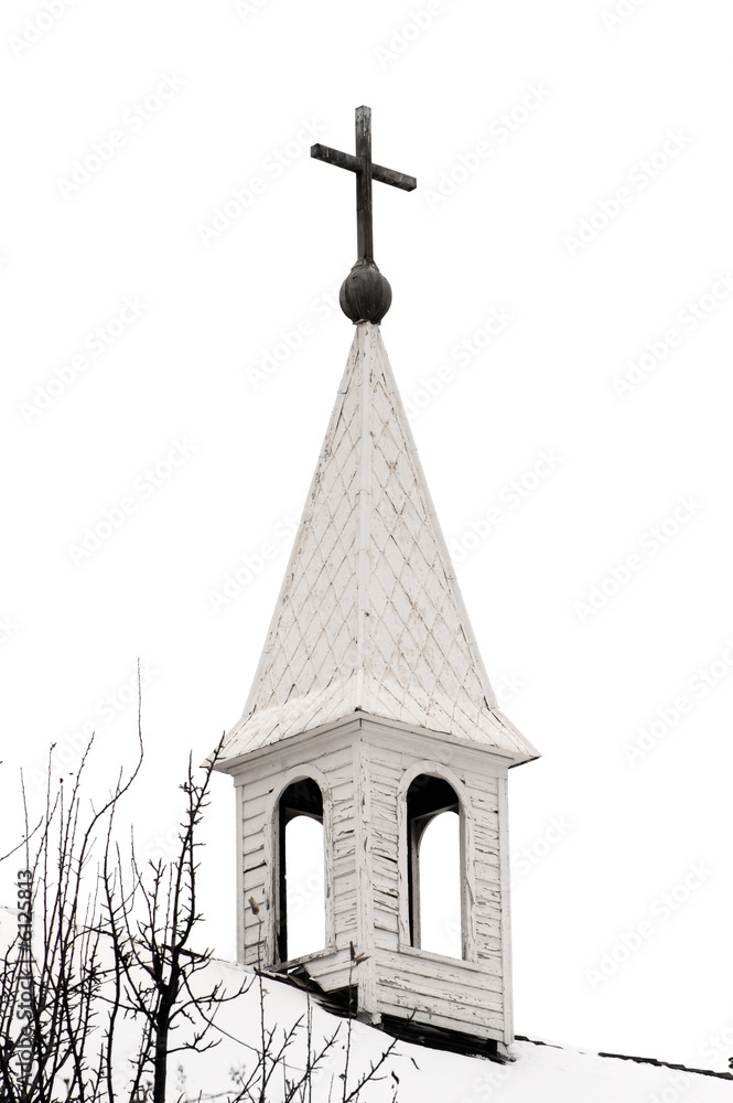 Old country church steeple on a winter day