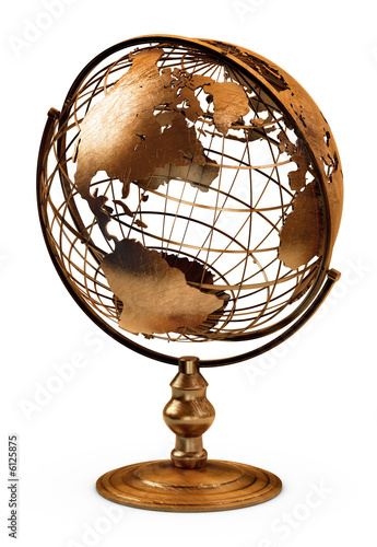3D art showing a caged brass metalic globe on white.