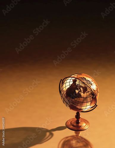 3D art showing a caged brass metalic structure of the earth.