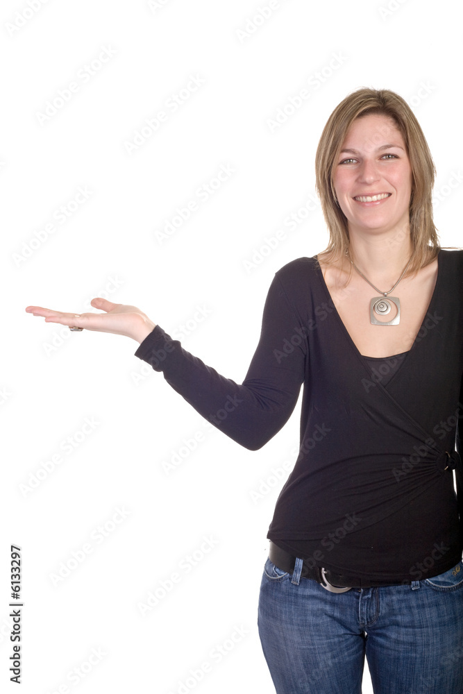 attractive woman showing her right hand to presenting product