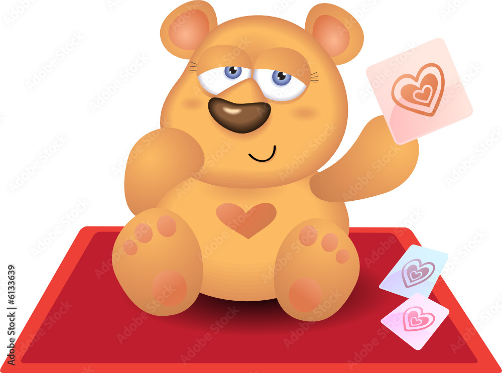 Fototapeta premium Teddy Bear playing Heart Card on red carpet
