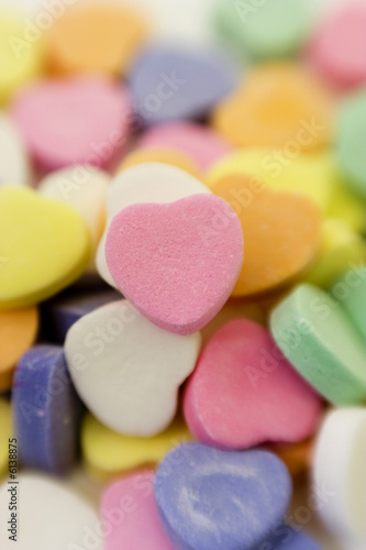 A pile of Valentine's Day candy hearts