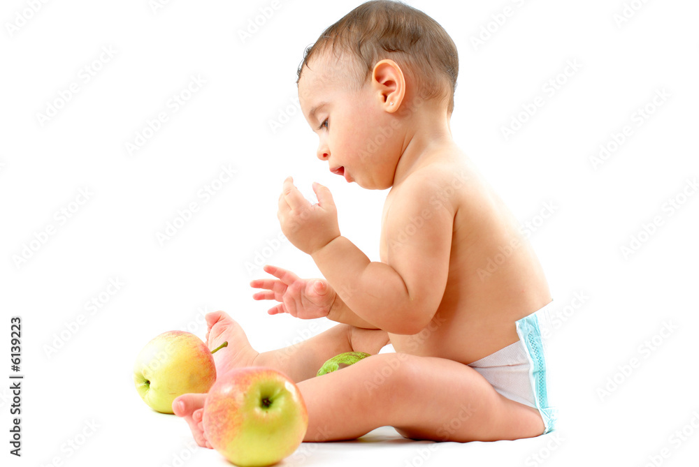 Baby with healthy fruits on white background . Baby with healthy fruits on white background .