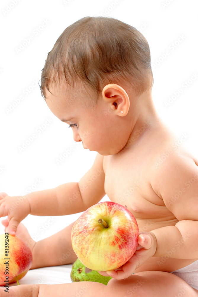 Baby with healthy fruits on white background . Baby with healthy fruits on white background .
