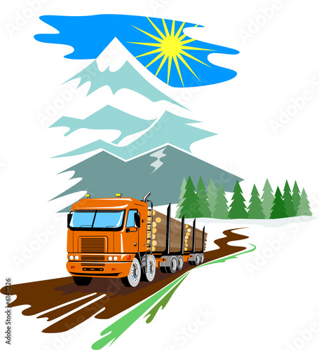 Logging truck with mountains