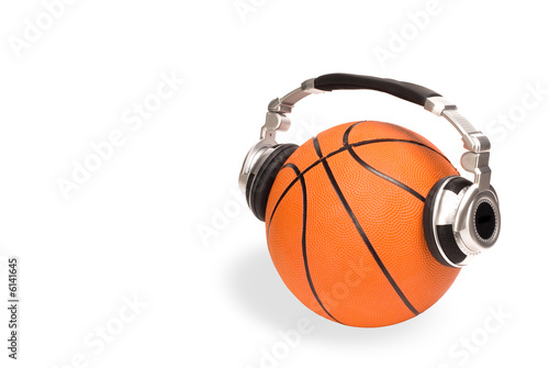 Basketball ball and headphones on a white background