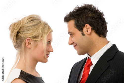 lovely couple flirting on white background