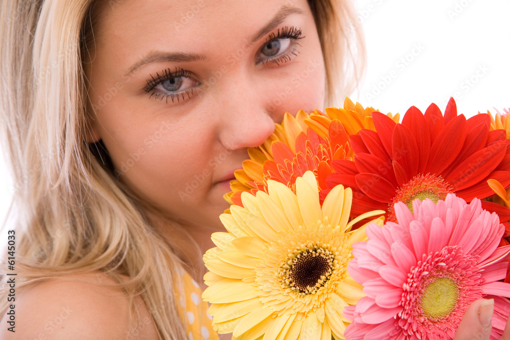 beautiful girl with colorful flowers, shallow dof