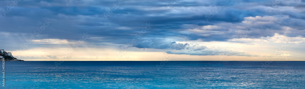 Early morning seascape. Wide panorama. Early morning seascape. Wide panorama.