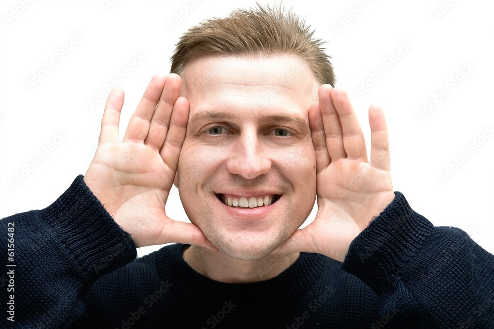 Hello everybody. Joyful man on a white background. Hello everybody. Joyful man on a white background.