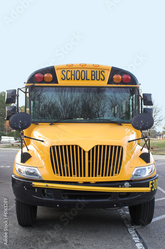 A view of the front of a school bus.
