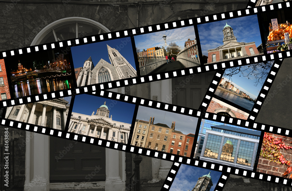 Film strips with travel photos. Dublin, Ireland, Europe.
