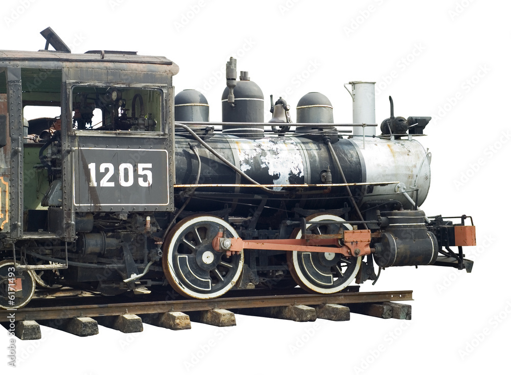 Detail of antique locomotive isolated over white