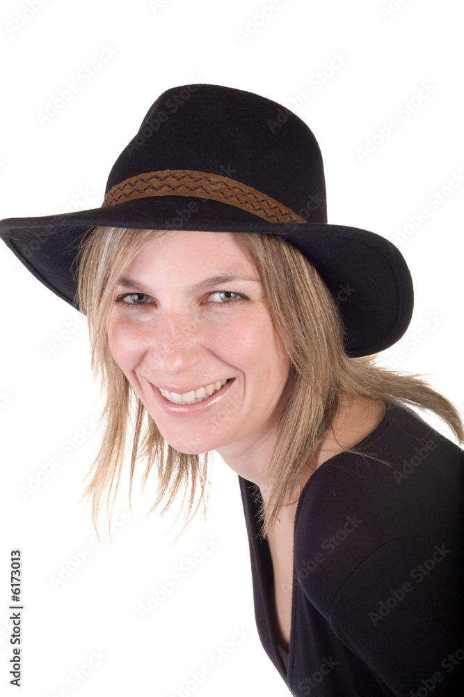 cute smiling blond woman wearing black hat on white background cute smiling blond woman wearing black hat on white background
