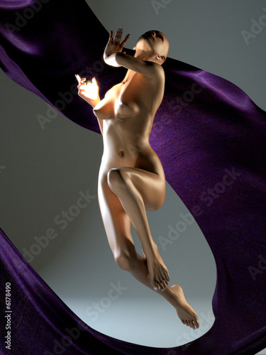 Nude femal body rises up in the air wrapped in blue velvet