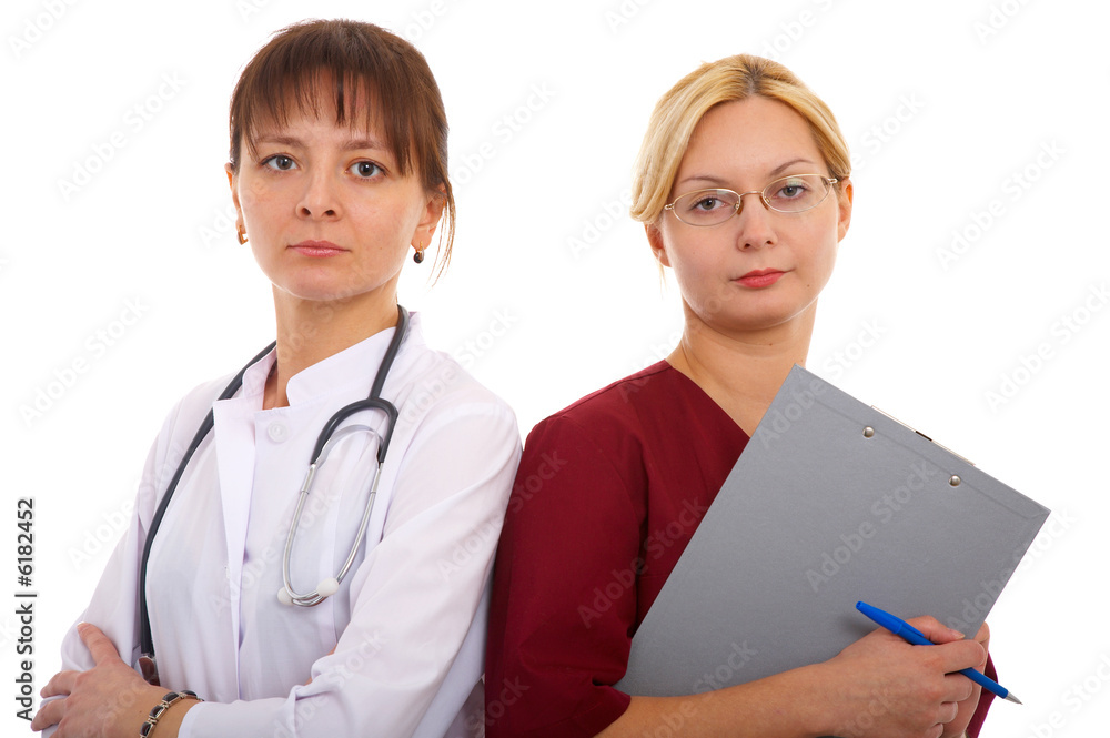 female doctor and nurse in glasses with medical accesories female doctor and nurse in glasses with medical accesories
