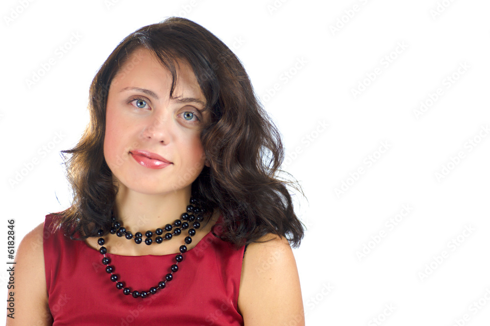 Portrait of happy smiling woman wearing red closes Portrait of happy smiling woman wearing red closes